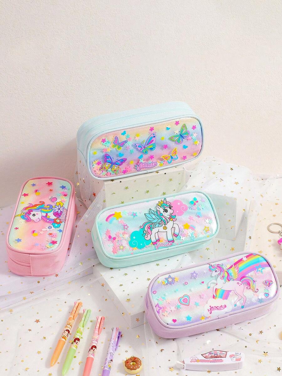 1个学生卡通独角兽/彩虹/星星/蝴蝶3D笔袋 - 儿童彩虹印花文具收纳盒,大容量铅笔盒,适合小学生,学校专用学习笔袋,开学季送给孩子的完美惊喜礼物 - 彩色 - 查看 1