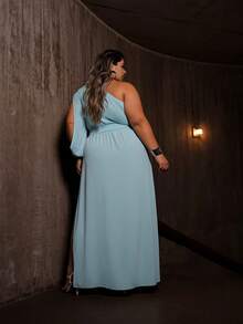 Women's Long Dress With One Sleeve Plus Size With Slit And Opening On The Sleeve Elegant - 淺藍色 - 查看 3