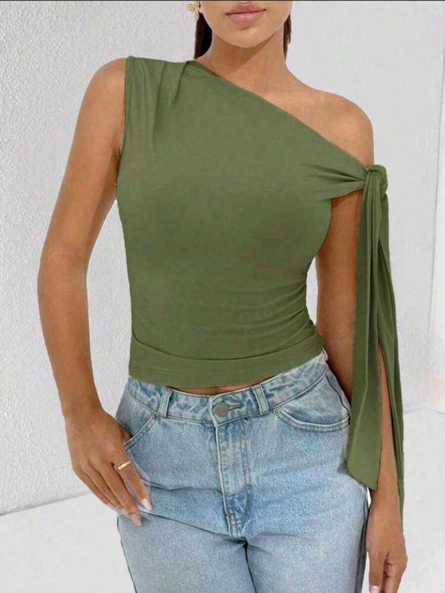 Elegant Suplex T-Shirt Top With Asymmetrical Shoulders And Straps, Ideal For Daily Use, Outings, Nightclubs, Parties, Halloween Costumes - 軍綠色 - 查看 1