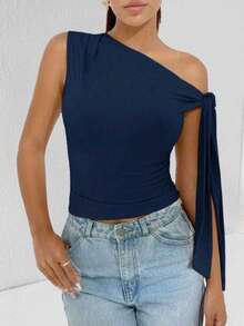 Elegant Suplex T-Shirt Top With Asymmetrical Shoulders And Straps, Ideal For Daily Use, Outings, Nightclubs, Parties, Halloween Costumes - Màu xanh hải quân - Xem 7