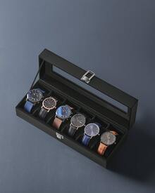Watch Box With 6 Slots, Watch Case With Glass Lid, Watch Display Box With Removable Watch Pillows, Metal Clasp, Gift Idea, Black Synthetic Leather, Black Lining - Black - View 1