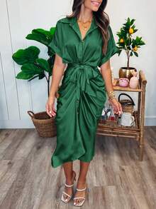 Women's Satin SIlky Button Down Ruched Shirt Dresses Short Sleeve Lapel V-Neck Belted Dress Elegant Spring Summer Wedding Evening Valentine Long Midi Dress - 深綠色 - 查看 3