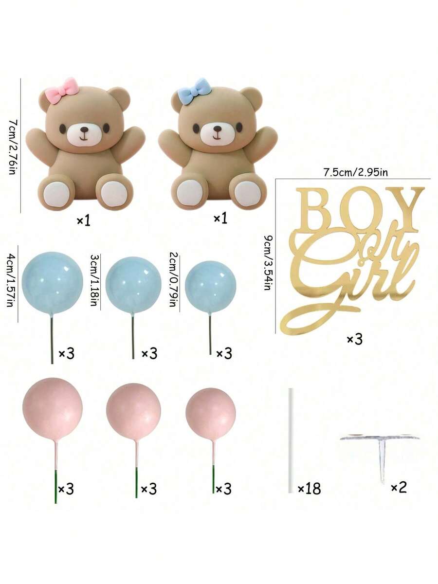 23pcs/Set Cute Blue Pink Bear Ball Cake Toppers For Birthday Party Shower Cake Decoration Supplies - Multicolor - View 1