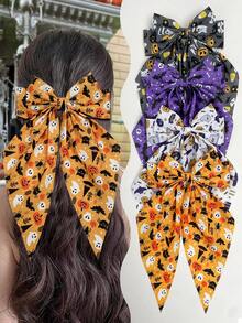 1/4pcs Women's Halloween Bow Hair Clips, Vintage Style, Large Hair Clips With Skull, Pumpkin, Ghost, Bat, Spider And Other Halloween Elements, Women's Hair Clips, Holiday Accessories. Suitable For Halloween, Parties, Halloween Decorations, Women's Autumn Accessories, Halloween Gifts, Halloween Accessories, Halloween Hair Accessories., Winter Outfit For Women, Bows, Cute - Multicolor - View 2