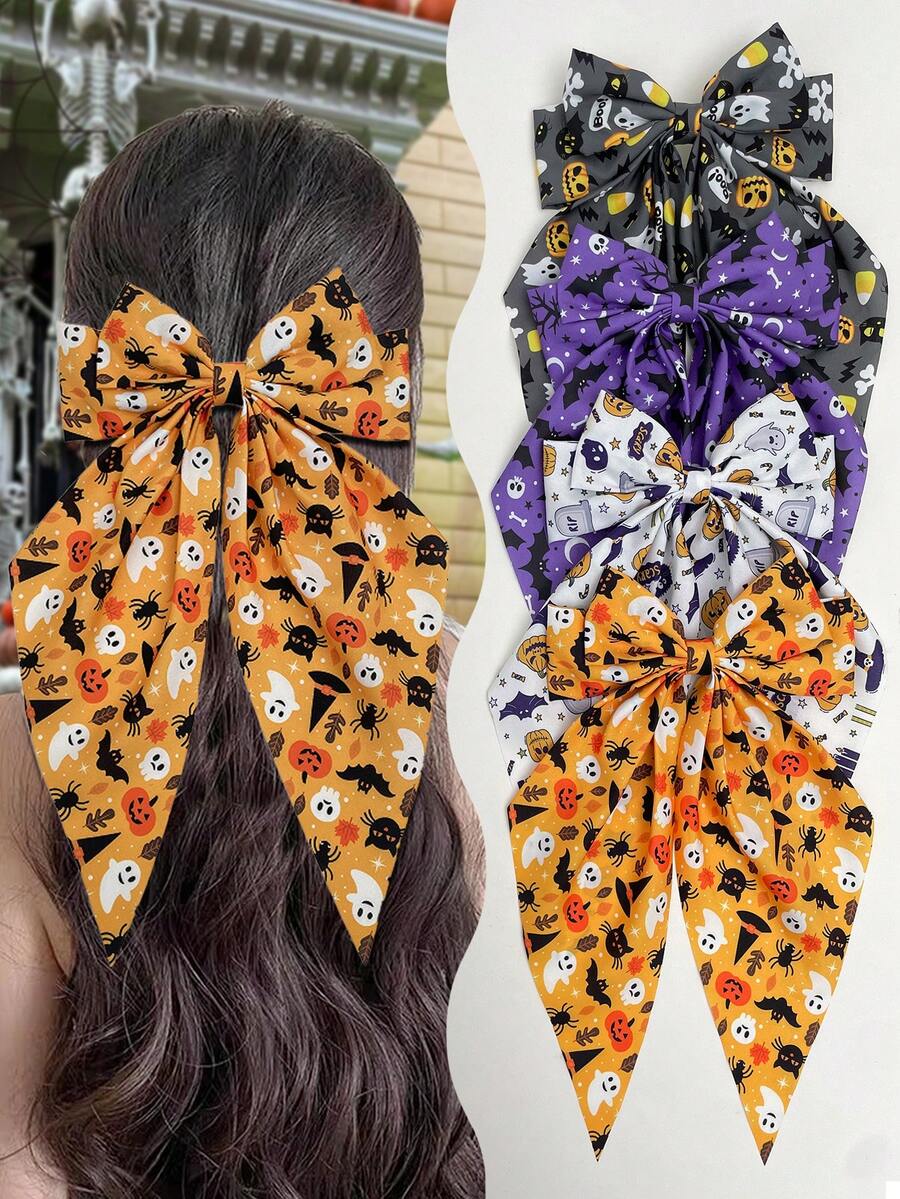 1/4pcs Women's Halloween Bow Hair Clips, Vintage Style, Large Hair Clips With Skull, Pumpkin, Ghost, Bat, Spider And Other Halloween Elements, Women's Hair Clips, Holiday Accessories. Suitable For Halloween, Parties, Halloween Decorations, Women's Autumn Accessories, Halloween Gifts, Halloween Accessories, Halloween Hair Accessories., Winter Outfit For Women, Bows, Cute