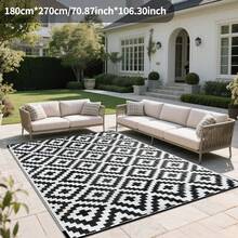 防水户外地毯 5x8 英尺，塑料双面地毯，现代风格，大型户外地垫，适用于房车、露台、后院、甲板、野餐、沙滩、露营，黑白配色 - 黑白 - 查看 15