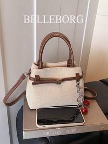 BELLEBORG 女款高級休閒拼色通勤復古帆布扣環百搭小方包手提包 - 咖啡 - 查看 8