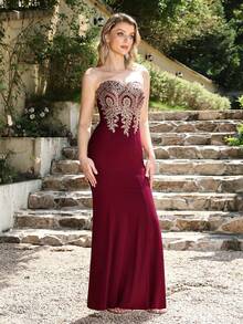 MisShow Women's Lace Applique Long Formal Mermaid Evening Prom Dresses - 酒紅色 - 查看 1