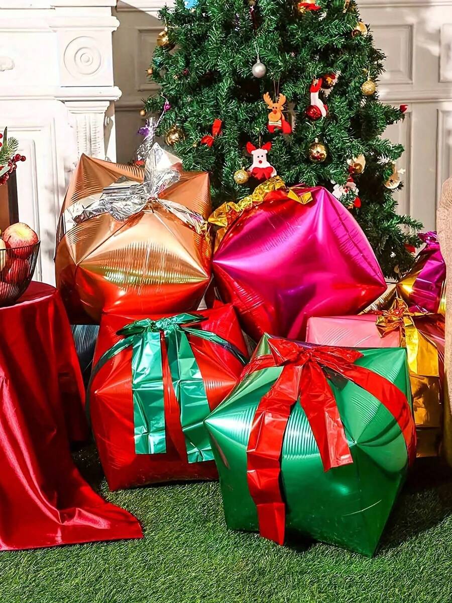 3 piezas de 22 pulgadas Globos con forma de caja de regalo metálica - Rojo, Verde y Dorado de Aluminio Globos de Fiesta Decoraciones con Cintas Surtidas para Bodas, Cumpleaños, Celebraciones Festivas, Decoraciones de Globos Navideños, Diseño Festivo, Acabado Brillante, Decoración de Celebración