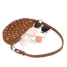 Street Punk Rivet Adjustable Shoulder Women's Crossbody Saddle Bag Fashion Women's Handbag, Made Of PU Material, With Zipper Closure - Coffee - View 8
