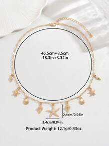 1pc Summer Beach Vacation Starfish, Mermaid, Seashell, Coconut Tree Pattern Necklace For Women - Gold - View 5