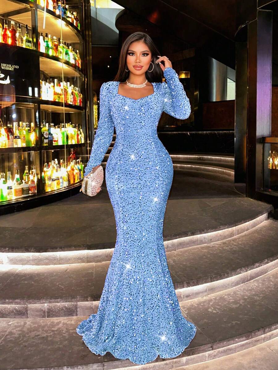 Đầm dạ hội dài tay màu cam đính sequin mùa thu mới của CHOSMO, kiểu dáng sang trọng, thanh lịch, ôm sát eo cao, đầm dài dự tiệc cho nữ, đầm cưới mùa xuân.