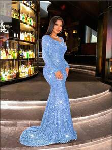 Đầm dạ hội dài tay màu cam đính sequin mùa thu mới của CHOSMO, kiểu dáng sang trọng, thanh lịch, ôm sát eo cao, đầm dài dự tiệc cho nữ, đầm cưới mùa xuân. - Màu xanh nhạt - Xem 4