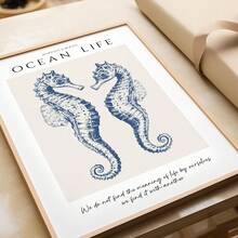 1 tranh in hình cá ngựa xanh nước biển cổ điển không khung, tranh treo tường phòng tắm ven biển với họa tiết vải lanh, áp phích trung tính về biển cho phòng tắm spa & trang trí nhà trên bãi biển | Phong cách Hamptons, vật dụng thiết yếu trong ký túc xá - Nhiều màu - Xem 3