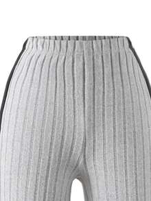 2pcs/Set Girls Casual Fashionable Minimalist Zip-Up Polo Shirt Long Sleeve Top And Striped Side Pants Set, Autumn/Winter 2025 - Grey - View 6