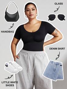 1pc Plus Size Women Shapewear, Tummy Control, Butt Lifting, Jumpsuit With Short Sleeves, Summer - Black - View 4