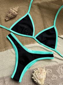 Bikini Set With Zero Transparency Fabric, Fixed Top And Delta Wing Bottoms, Beachwear - 黑色配綠色 - 查看 3