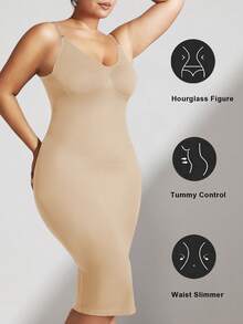 1件装加大码女士塑身连体衣连衣裙，收腰设计，黑色无缝，紧致胸部、腹部和腰部，加大码塑身连衣裙，全身睡衣 - 杏色 - 查看 5