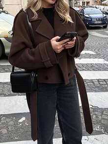 KM Winter Women, Solid Color Long Sleeve Double-Breasted Casual Jacket , Chic, There Is A Belt, Autumn Going Out Friends OverJacket, For Friends, Wife, Girlfriend Gifts, Wide-Shoulder Style Short Jacket, Halloween, Christmas Women, Tops - Coffee Brown - View 9