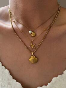 1 件不锈钢海洋风格贝壳、珍珠、海星吊坠项链，带龙虾扣，18K 镀金，防水，女士百搭 - 項鍊 - 查看 10