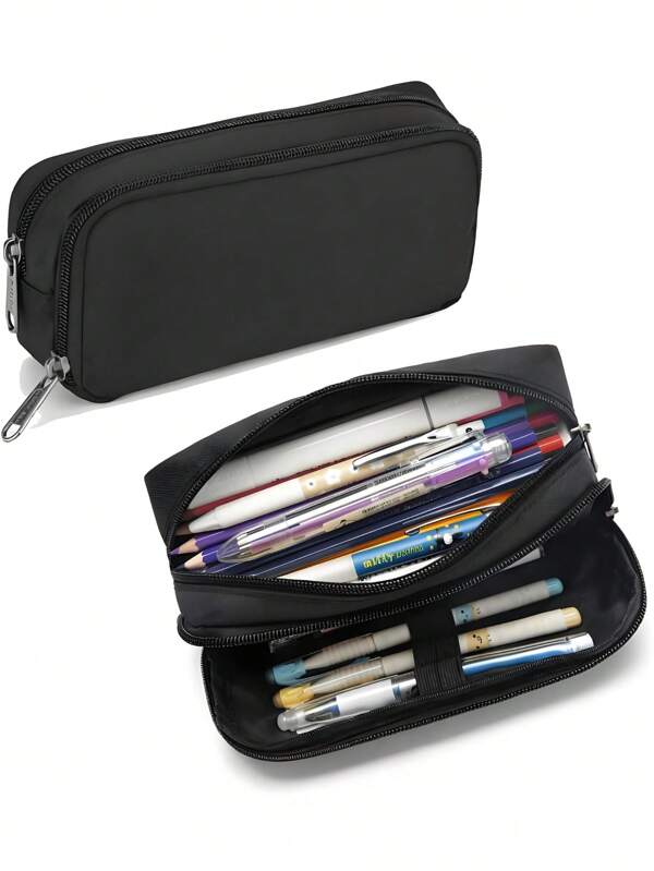 1pc Large Capacity Pencil Box, Multifunctional Double-Layer Large Capacity Pencil Box Simple Black Pencil Box Simple And Sturdy Adult Multifunctional Stationery Storage Bag Multifunctional Storage Bag Pencil Bag Cosmetic Bag Suitable For School Stationery Holiday Gifts School Gifts Back To School Back To School School Supplies