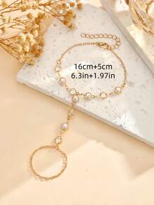 1pc Minimalist Faux Pearl & Crystal Decor Finger Ring Bracelet, Elegant Accessory For Women Wedding Party - Yellow Gold - View 5