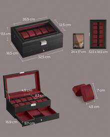 Watch Box, Watch Case With Glass Lid, 2-Tier Watch Display Case For 12 Watches, Lockable, 1 Drawer, For Rings, Bracelets, Gift Idea, Black Synthetic Leather, Wine Red Lining Back To School Dormitory Storage - Black + Wine Red - View 4