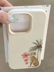 1pc White Tropical Leopard & Palm Tree Pattern Full Coverage TPU Shockproof Phone Case Compatible With IPhone 16, 15, 14, 13, 12, 11 Pro Max - Multicolor - View 1