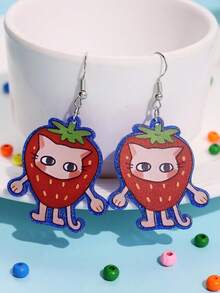 1 对可爱又古怪的独特亮点活泼草莓猫亚克力吊坠耳环，女士日常通勤和派对珠宝
