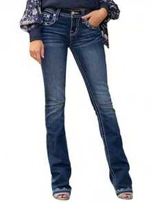 Women's Jeans De Mujer Embroidered Slim Denim Long, Durable Denim Fabric Slimming Women's Jeans Are Suitable For Going Out To Play, The School Season,Y2k Jeans,Suitable For Valentines Outfit Women,Going Out Outfits. - Xanh đậm - Xem 3