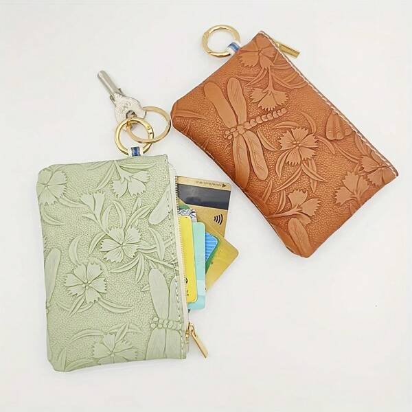 1PC Women's Key Chain Coin Purse New Style Embossed Craft Dragonfly Butterfly Flower Key Ring Coin Purse Practical Key Coin Card Storage Bag Fashion Mini Handheld Small Bag Random Pattern Position