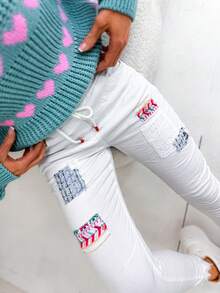 Calças femininas jeans estrelas calças femininas calças femininas cordão cinza elástico camuflagem namorado calças soltas com pingente calças casuais mais recentes Casual casual elástico jeans bolso jeans outono primavera - Branco - Ver 1