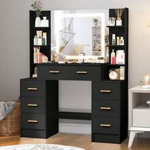 Makeup Dressing Table With Mirror, 7 Drawers & Storage Shelves, 3 Color Modes & Adjustable Brightness LED Mirror, Bedroom Furniture, Great Christmas Or Halloween Gift For Women And Girls ﻿