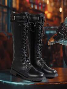 2025新款女士冬季新款搭扣修身长靴，黑色过膝系带长靴，侧拉链设计，平底厚跟防滑耐磨保暖中筒靴，英伦风工装靴，骑马靴，尺码偏小