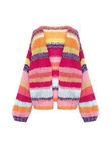 ii Plus Size Women Colorful Striped Drop Shoulder Long Sleeve Loose Knit Cardigan