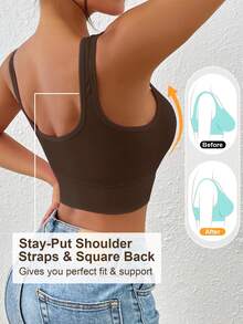 LianShengFa 1pc High Neck High Waist Elastic Yoga Sports Bra, Medium Support Shock-Absorbing Seamless Workout Bra, Comfortable Breathable Athleisure Tank Top - Brown - View 3