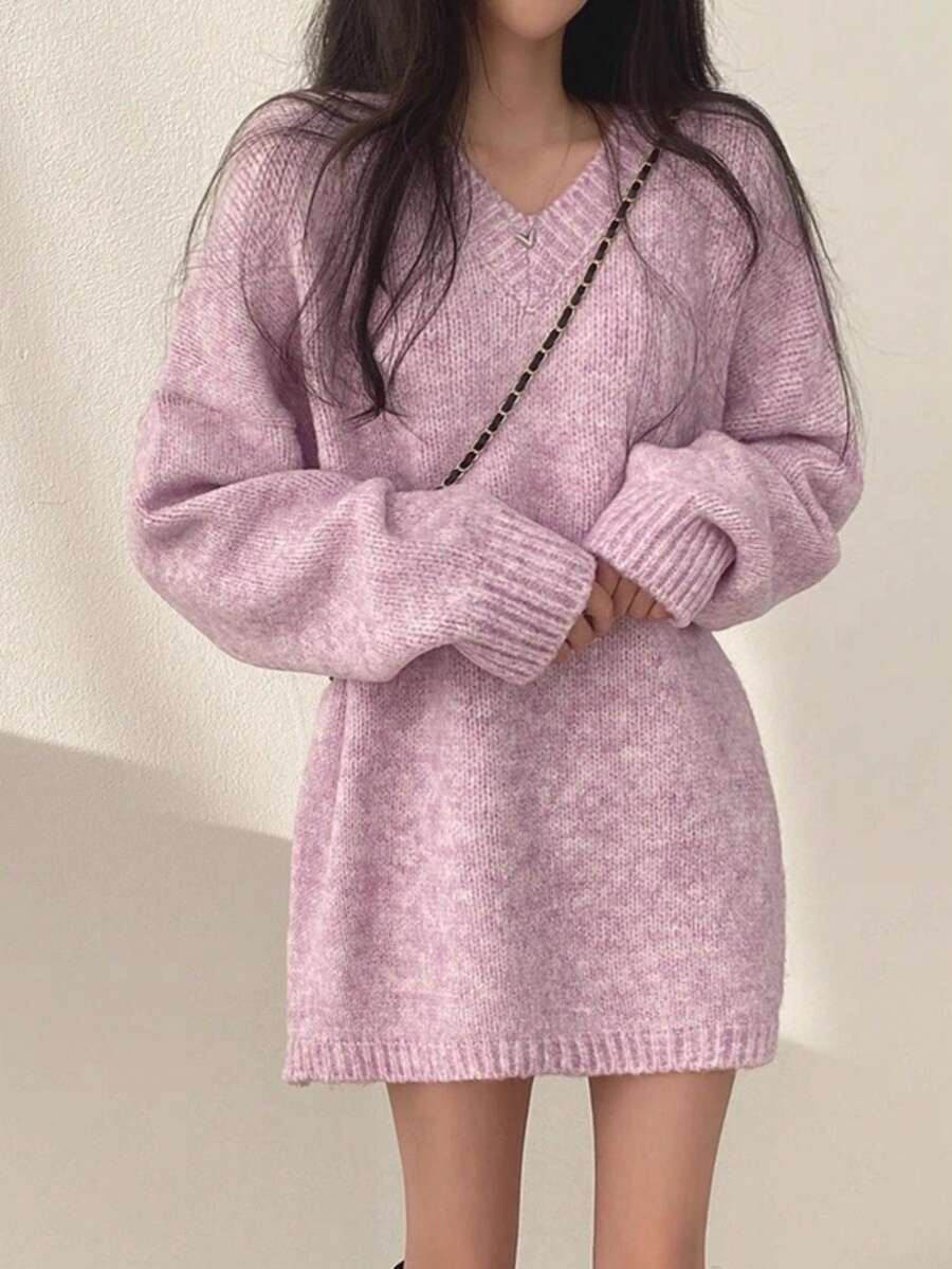 EAVA Sweet Lazy V領寬鬆軟針織女款毛衣上衣,街頭風女裝 - 粉色 - 查看 1