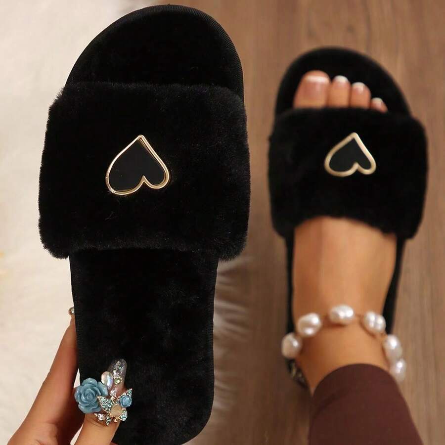 Women's Fashion Heart Decor Plush Slippers, Soft & Comfortable For Women, Suitable For Living Room And Bedroom, All Seasons