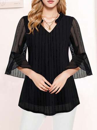 CheersLife Women's Fashion Double-Layer Mesh Blouse, 3/4 Ruffle Flare Sleeve Shirt