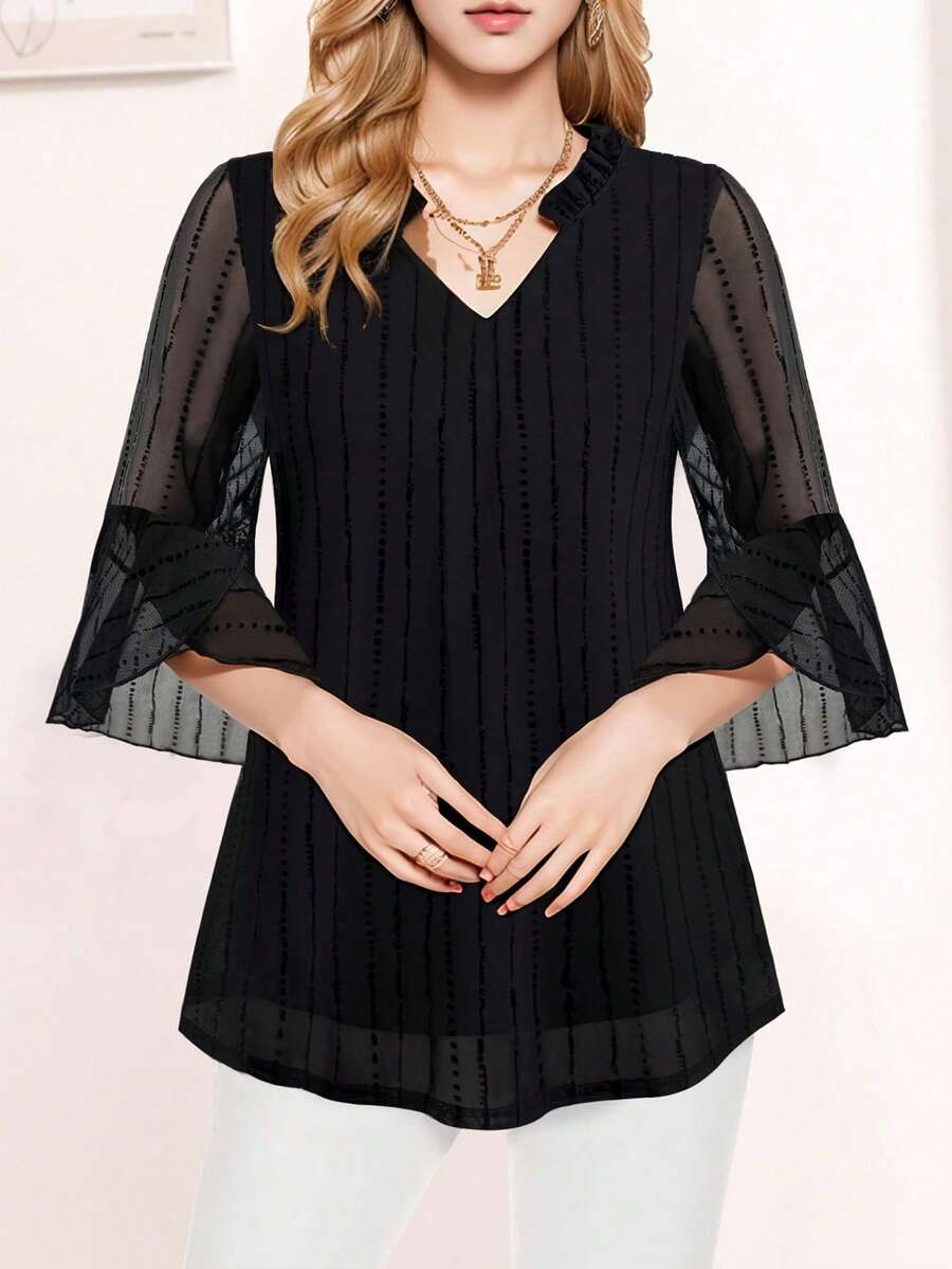 CheersLife Women's Fashion Double-Layer Mesh Blouse, 3/4 Ruffle Flare Sleeve Shirt - Black - View 1