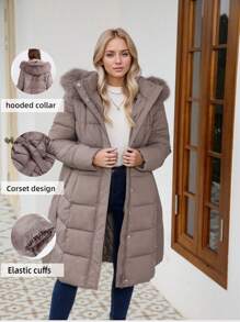 Risissida 女式休闲连帽夹克，带口袋，轻质人造毛皮衬里绗缝风衣，秋季日常穿着冬季外套 - 深杏色 - 查看 2