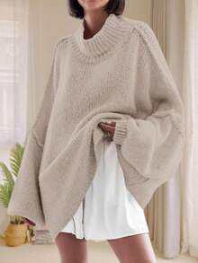 Womens Oversized Sweaters Mock Neck Batwing Long Sleeve 2024 Fall Ribbed Knit Casual Tunic Sweater - Màu Khaki - Xem 1