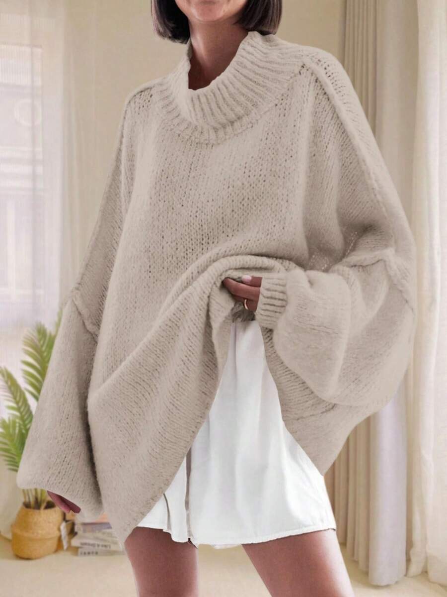Womens Oversized Sweaters Mock Neck Batwing Long Sleeve 2024 Fall Ribbed Knit Casual Tunic Sweater - Màu Khaki - Xem 1