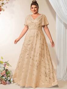 EVERPRETTY Elegant Chiffon Deep V-Neck Sequin Decor Ruffle Sleeve Champagne Bridesmaid Dress, Evening Gown - Champagne - View 3