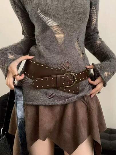 1 件复古棕色仿皮铆钉腰带 - 宽版复古风格，适合搭配连衣裙和裙子，非常适合海滩、夜间外出或休闲周末穿着