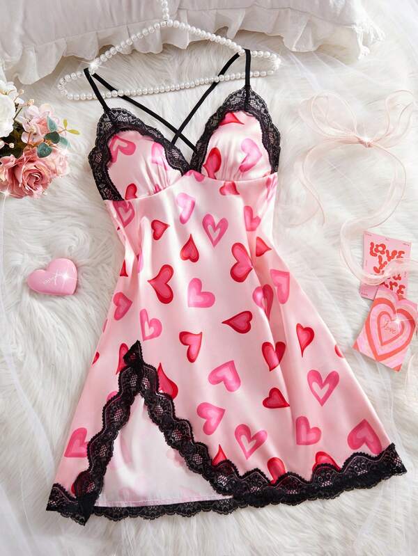 New Style Printed Women's Sexy Lingerie, Crisscross Straps, Lace Contrasting Color Patchwork Backless Dress, V-Neck High Slit Heart Pattern Print Comfortable Nightgown