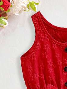 Pelele de bebé niña con cuello redondo, sin mangas, decorado con lazo, diseño de botones y abertura media, en unicolor, adecuado para el hogar, uso diario y salidas, primavera/verano