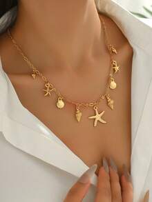 1pc Summer Beach Vacation Starfish, Mermaid, Seashell, Coconut Tree Pattern Necklace For Women - Gold - View 2