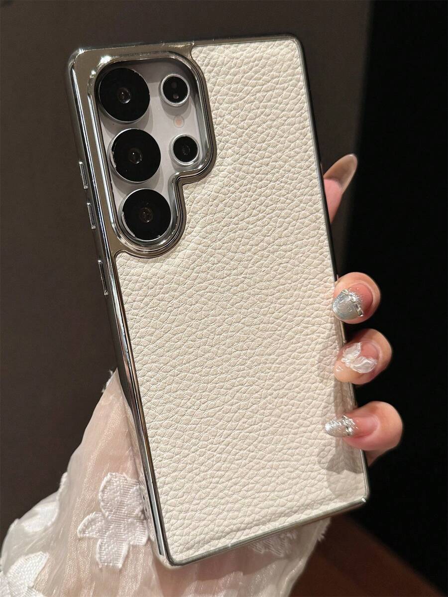 Luxury Plating Border Litchi Pattern Phone Case Compatible With Samsung Galaxy S25 S24 Ultra Plus S25Edge S24Fe Fashion Solid Color Faux Leather Protect Soft Bumper Cover
