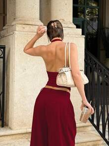 Bộ đồ thể thao mùa xuân hè cơ bản gồm áo tank top cổ chữ U dệt kim gân và quần ống rộng thẳng cho nữ. - Màu Đỏ Sâu - Xem 2